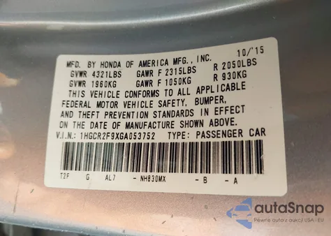 2016 Honda Accord Ex-L from USA, damaged, VIN 1HGCR2F9XGA053752